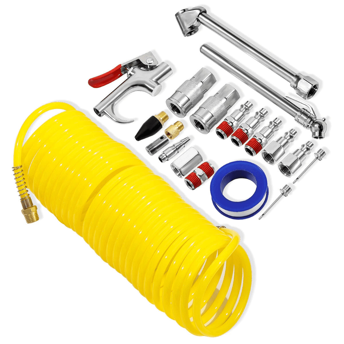 20pcs Air Compressor Accessory Kit 25Ft Recoil Hose Gun Nozzles Set 1/4" NPT New