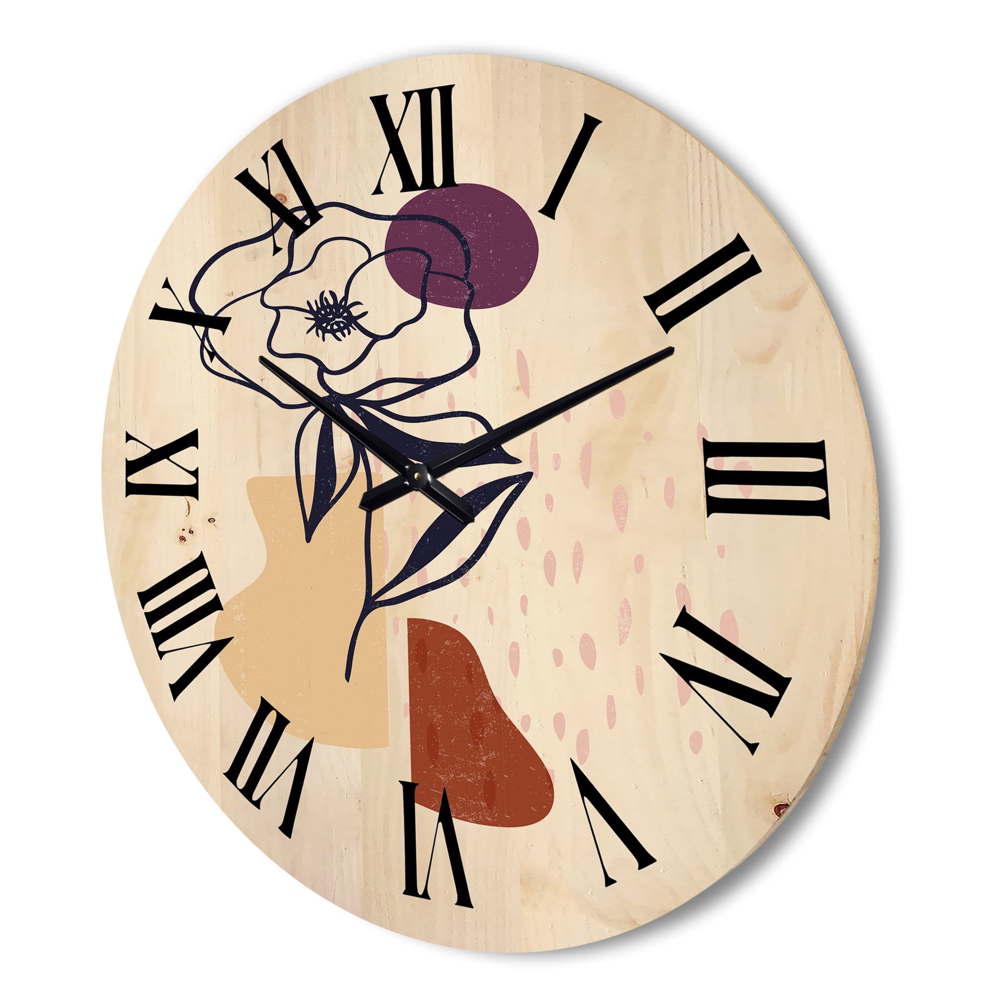 Designart 'Minimalist Shapes With Ancient Flower I' Modern Wood Wall Clock