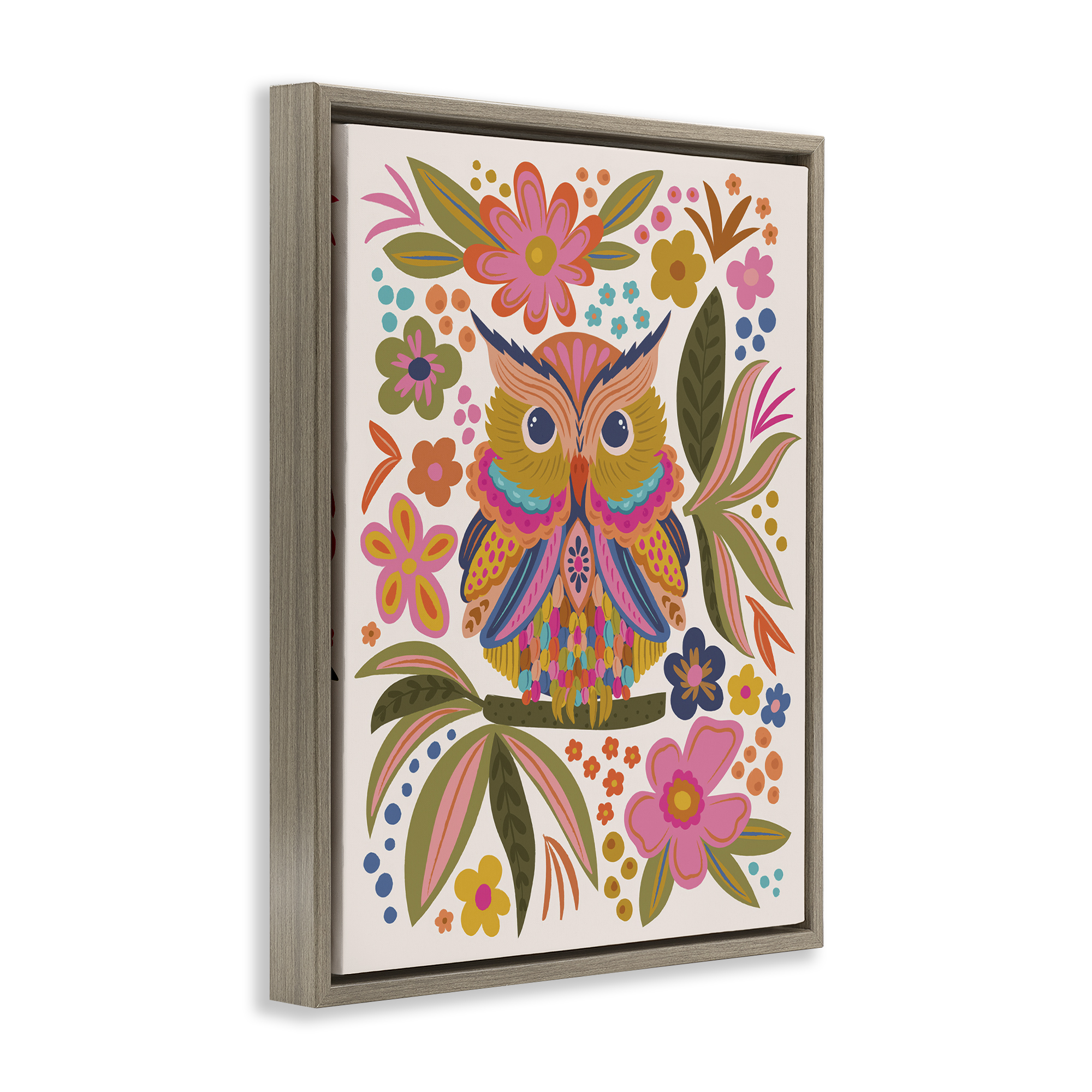 Stupell Industries Eclectic Owl & Flowers Animals Painting Brown Floater Framed Canvas Art Print Wall Art, 17 x 21