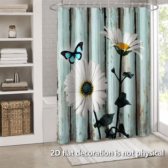 Hoease Vintage Wooden Daisy Blue Butterfly Shower Curtain, 71W x 71L Inch Waterproof Fabric Bathroom Curtain with 12 Hooks, Rustic Farmhouse Bath Decor