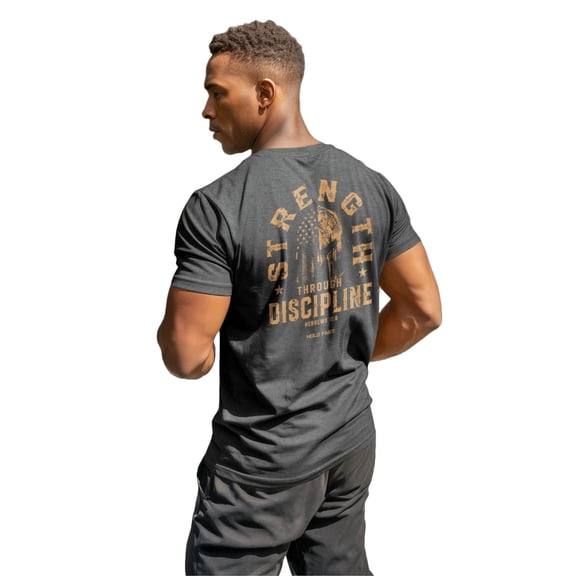 HOLD FAST Mens Short Sleeve Casual T-Shirt, Strength Through Discipline, Dark Heather, SM