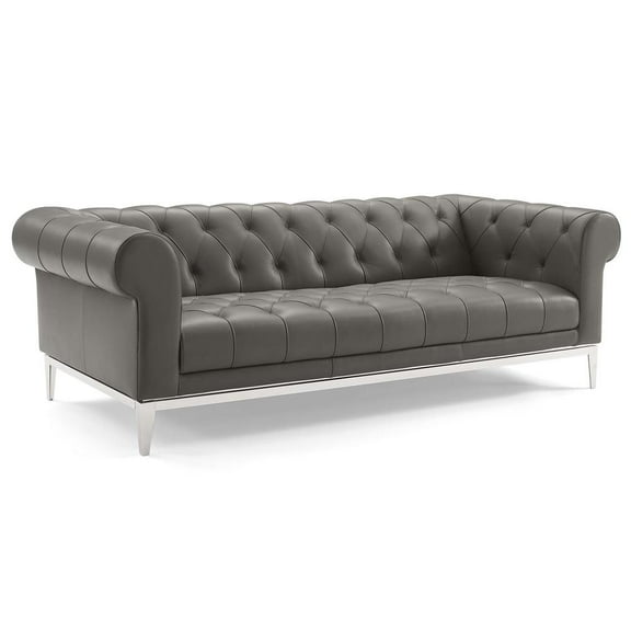Modway Idyll Tufted Button Upholstered Leather Chesterfield Sofa in Gray