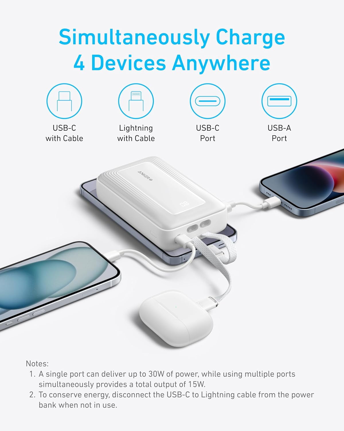 Anker Power Bank, 20,000mAh 30W Max Fast Portable Charger with Built-in USB-C and MFi Certified Lightning Cables, USB-C&A, Battery Pack Compatible for iPhone 17/16/15/14 Series, MacBook, Galaxy