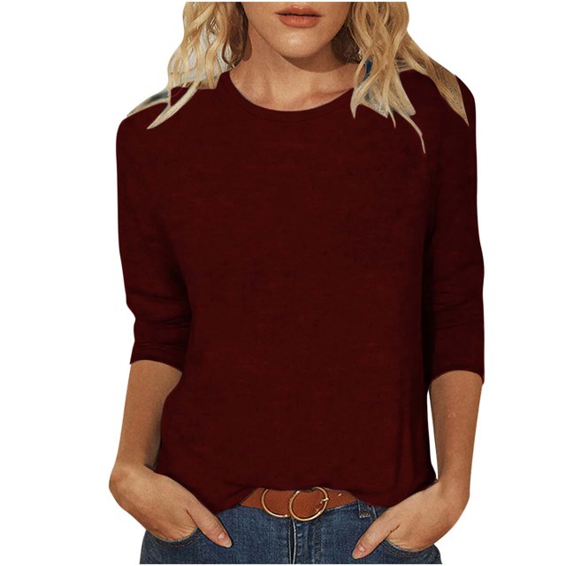 yoeyez T-Shirts pour Femmes à Manches 3/4 Col Ras du Cou T-Shirts de Couleur Unie T-Shirts Tendance Mode Basiques T-Shirts Légers Blouses de Sortie Offres à Durée Limitée Vin 4TG