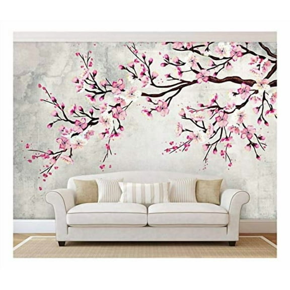 wall26 - Large Wall Mural - Watercolor Style Ink Painting Pink Cherry Blossom on Vintage Wall Background | Self-Adhesive Vinyl Wallpaper/Removable Modern Wall Decor - 100x144 inches