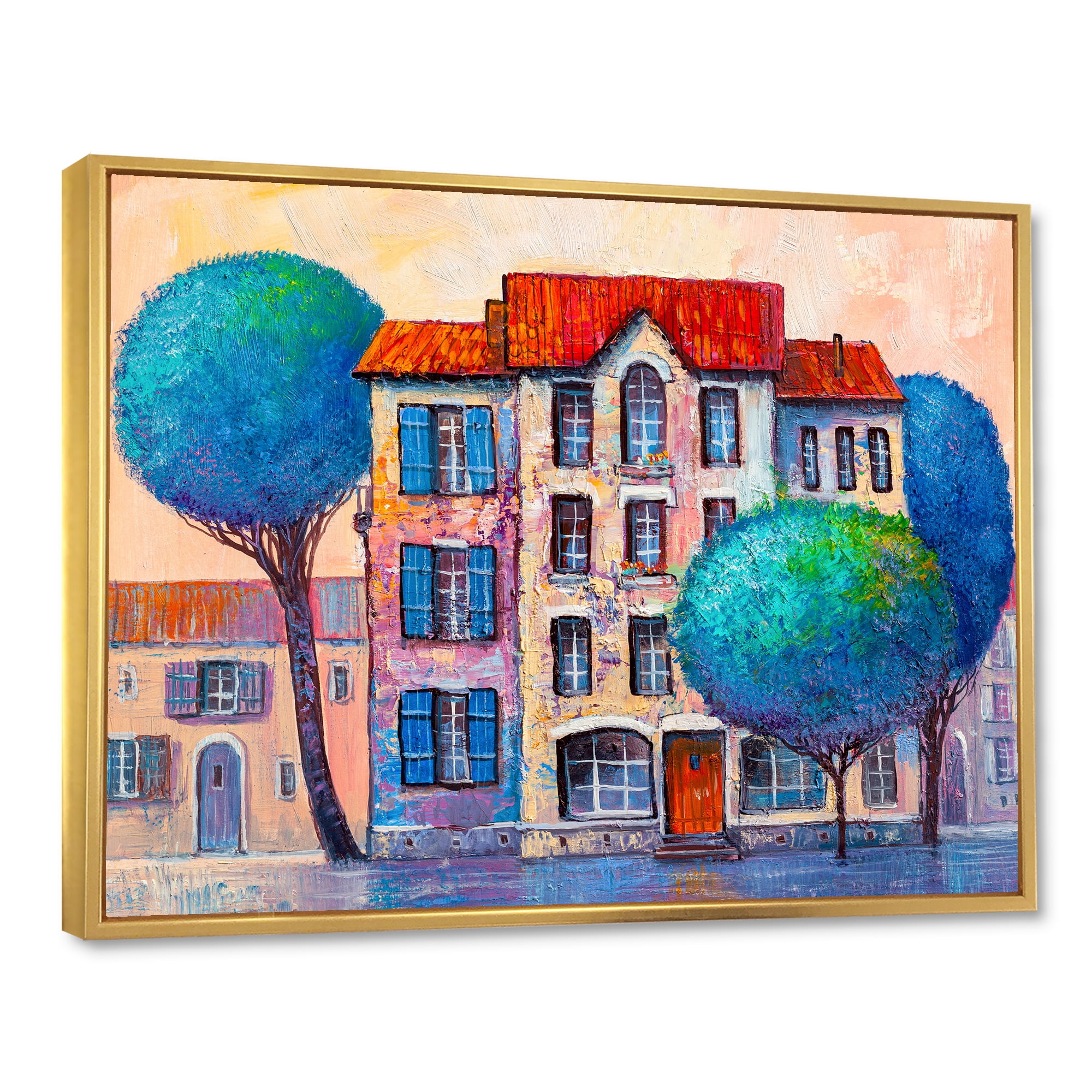 Designart 'Colorful Autumn Trees and A House With Red Roof' Modern Framed Canvas Wall Art Print