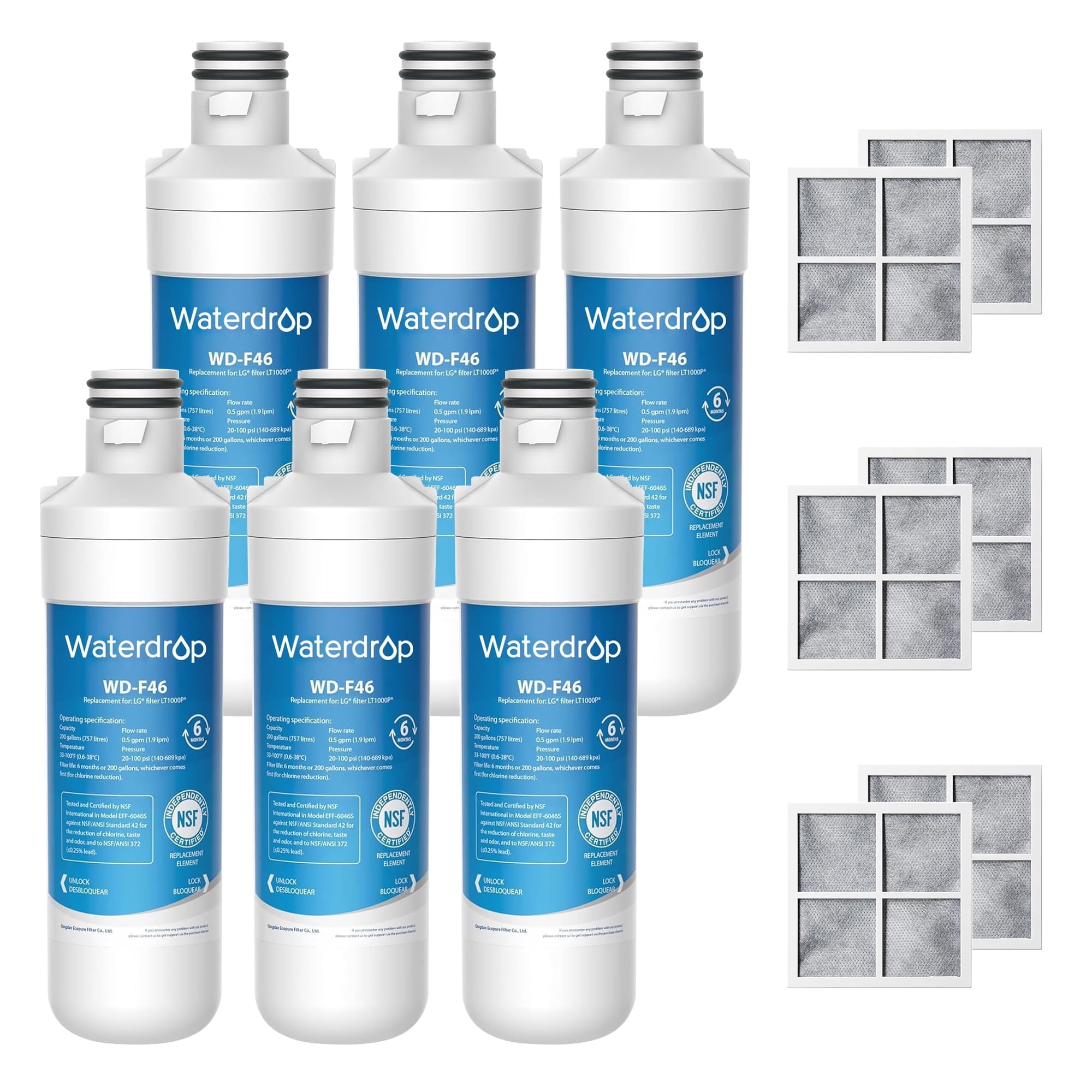 Waterdrop LT1000PC ADQ747935 Refrigerator Water Filter and Air Filter, Replacement for LG® LT1000P®, LMXS28626S, LFXS26973S, LFXS26596S, LFXS28596S, ADQ74793501, ADQ74793502 and LT120F®, 6 Combo