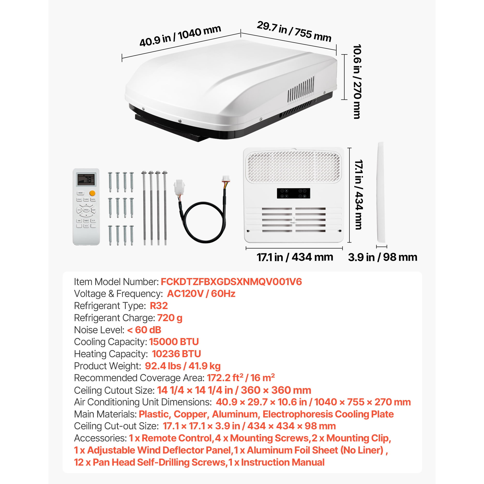 KFFKFF RV Air Conditioner, 15000 BTU Rooftop AC Unit, 120V Ducted System with Heat Pump & Cooling, Adjustable Speed, Simple Installation, Quiet Operation, Includes ADB Button and Remote Control,White