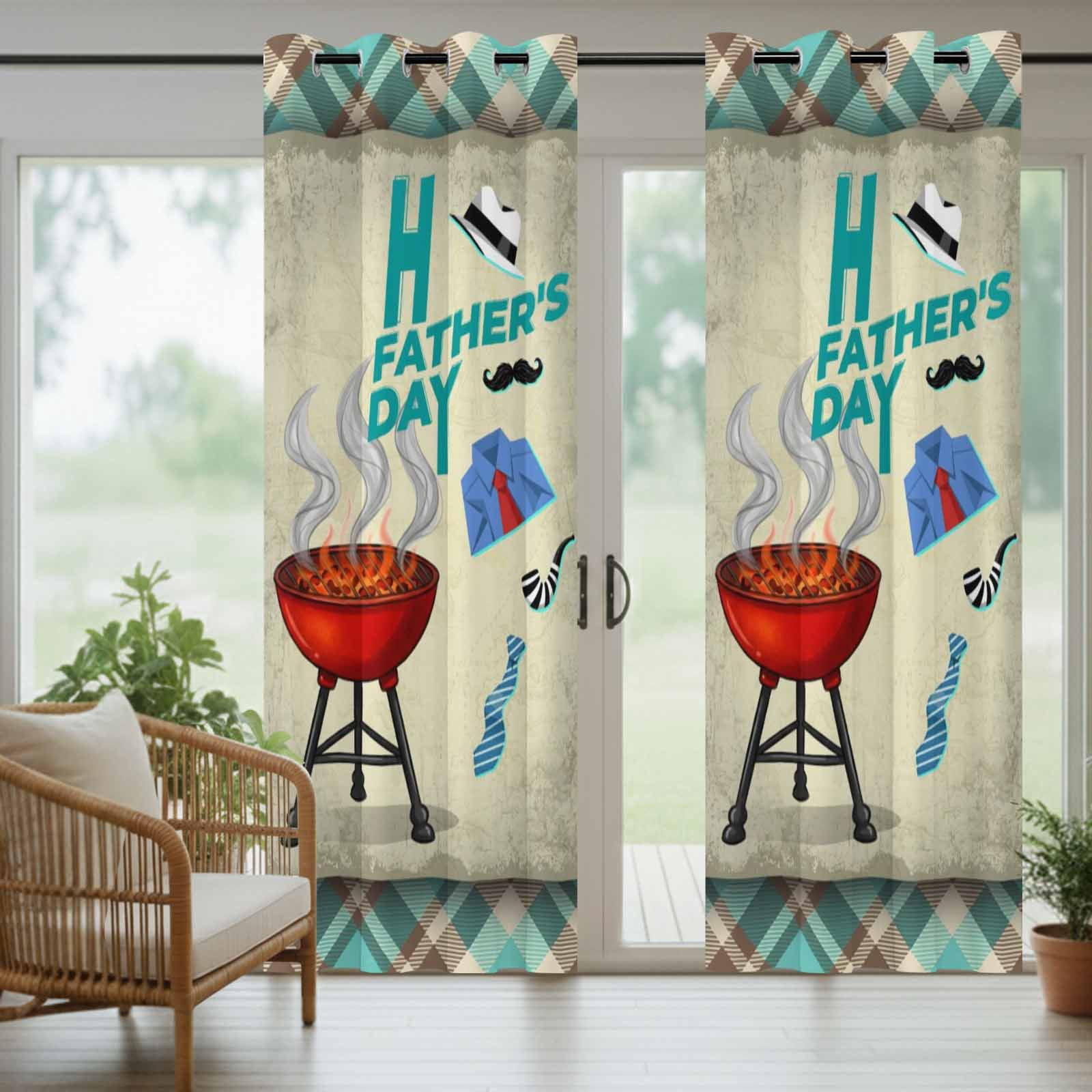Father's Day Outdoor Curtains for Patio, Retro Barbecue Shirt Tie Beard Teal Plaid Waterproof Outside Curtains Privacy Blackout Curtain for Porch Pergola Cabana, 2 Panel 54W x 95L Inch