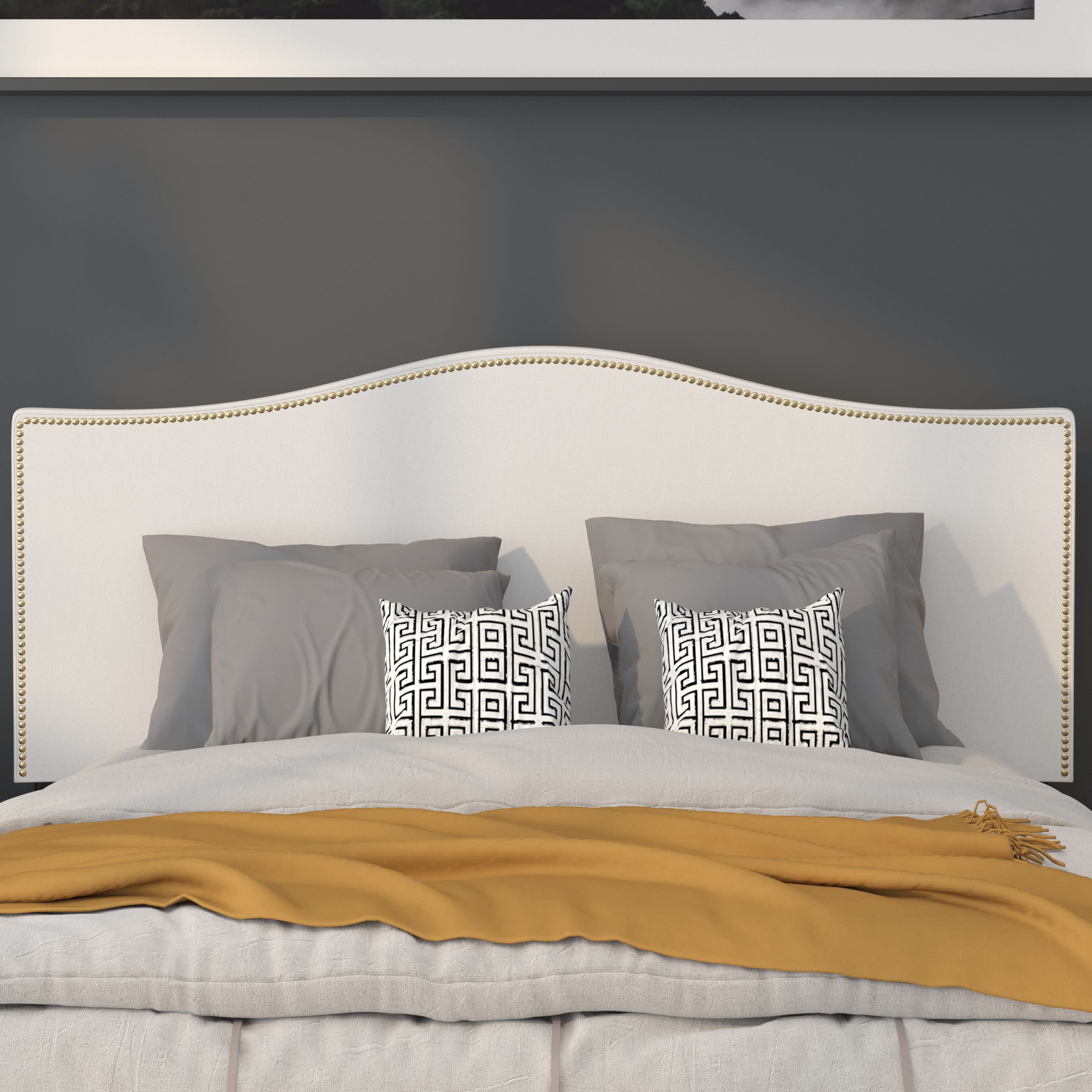 Flash Furniture Lexington Upholstered Full Size Headboard with Accent Nail Trim in White Fabric