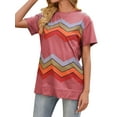 thumbnail image 4 of HUBERY Women Stripe Printed Contrast Color Split Hem Round Neck Short Sleeve Top, 4 of 7