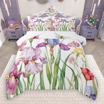 Manfei Colorful Cartoon Floral Bedding Comforter Set,Rustic Flower Twin Comforter Sets,Green Purple White Bedding Set For Children,Super Cozy Room Decor Reversible,2pcs