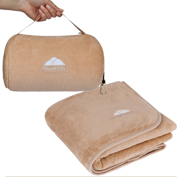 BlueHills Travel Blanket Rolled Premium Soft Plush Airplane - Beige