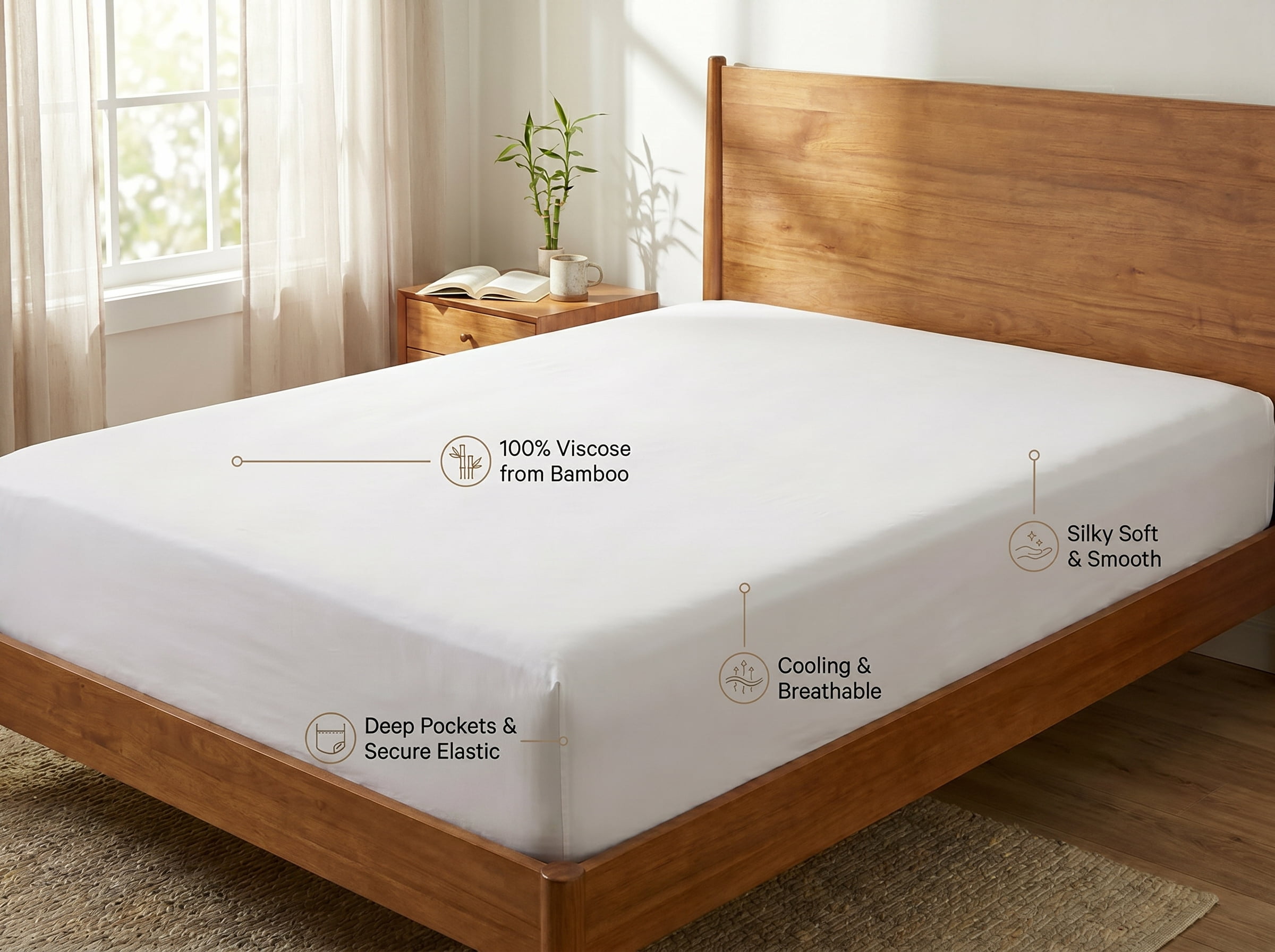 1-PC Fitted Sheet Only - 100% Viscose Derived from Bamboo Olympic Queen Size 1000 Thread Count - Breathable & Cooling for Hot Sleeper, Hotel Luxury - 10" Deep Pocket - White