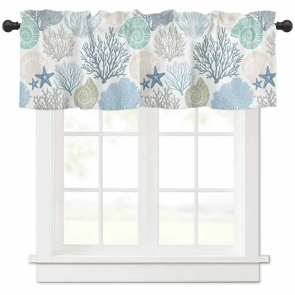 Rod Pocket Window Valances Abstract Ocean Starfish Coral Shell Short Kitchen Curtains Underwater World Window Treatment Drapes for Bedroom Bathroom Living Room 54x18In,1 Panel