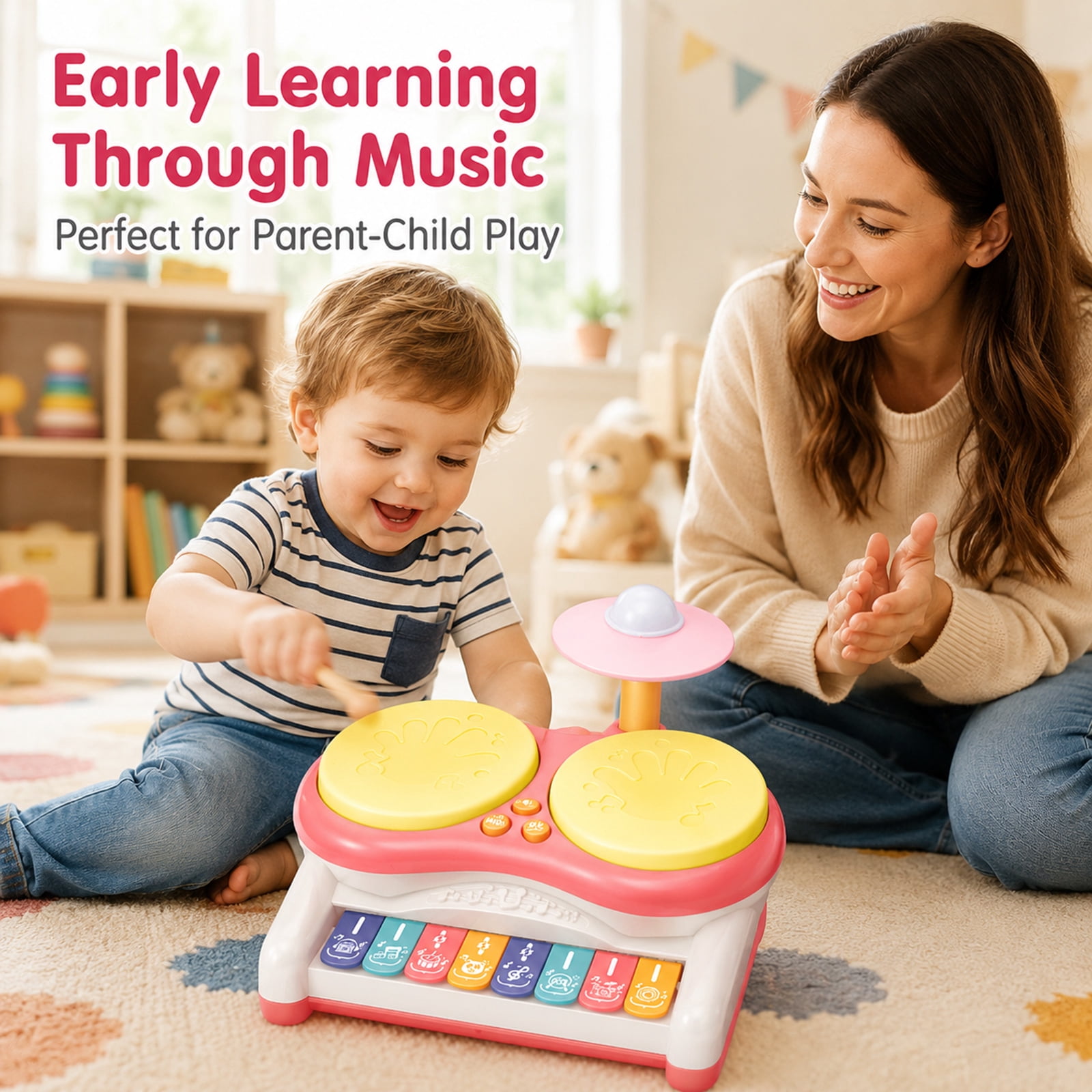 Musical Drum and Piano Toy for Toddlers, Light-Up Dual Drum Set with 8-Key Keyboard, Early Learning Rhythm Toy, Pink