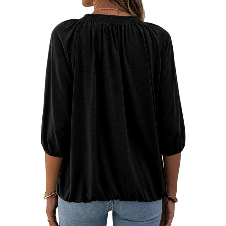 Glonme Women Fashion Elastic Waist Hem Tops Summer 3/4