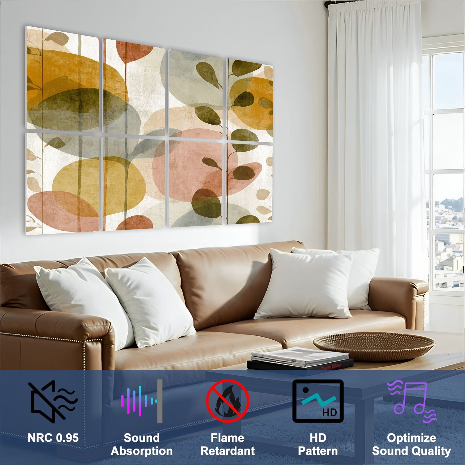 8 Pack Art Acoustic Panels Sound Absorbing Abstract Shapes Organic Leaves Decorative Soundproof Wall Panels Self Adhesive for Nursery Game Room Bedroom 48"x32"