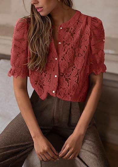 PRETTYGARDEN Womens Summer Lace Tops Short Puff Sleeve Casual Dressy Blouses Eyelet Crew Neck Buttom Down Shirts