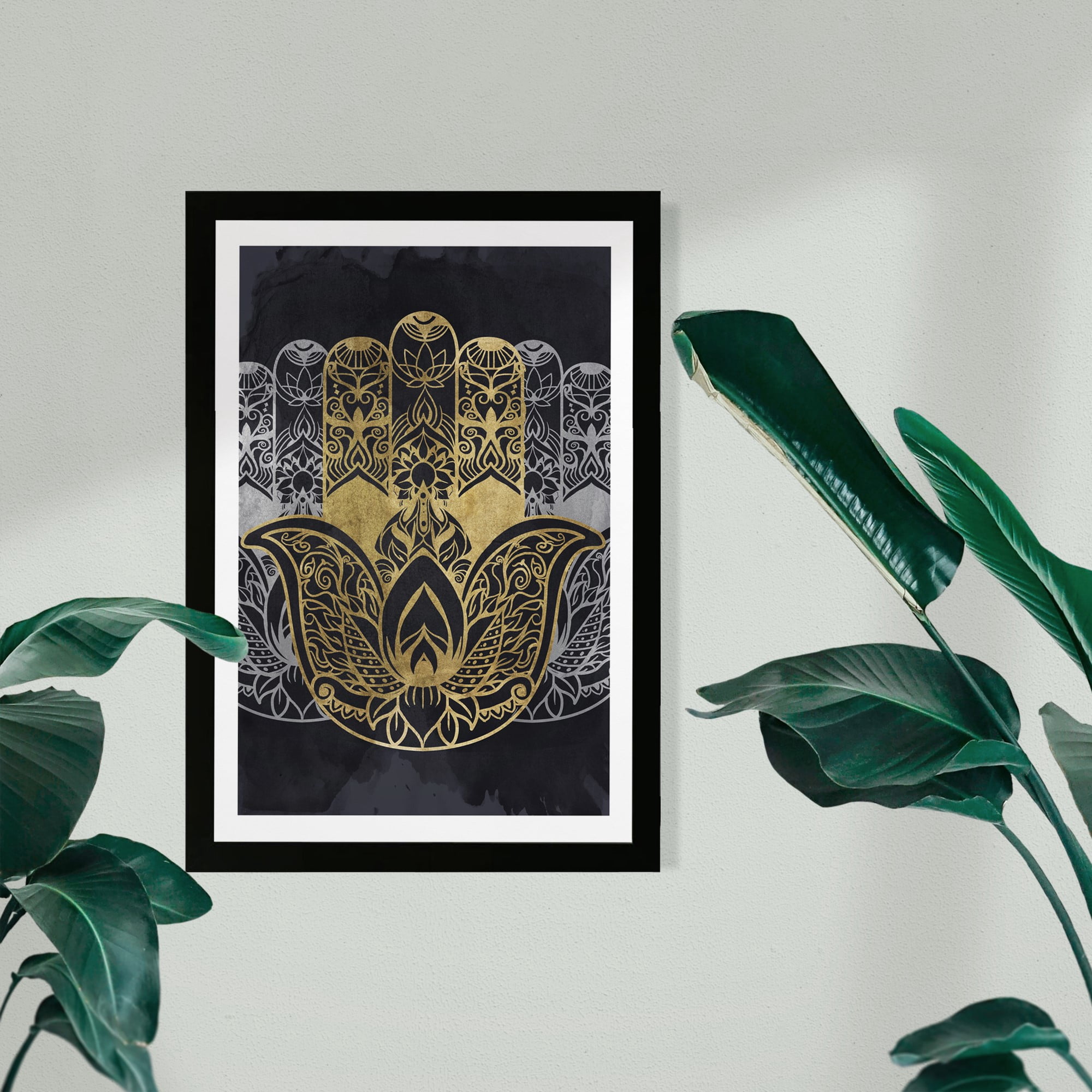 Wynwood Studio Symbols and Objects Framed Wall Art Prints 'Tranquility in Hand' Mystic Symbols Home Décor - Gold, Black, 13" x 19"