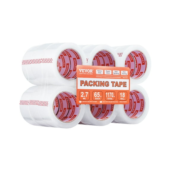 VEVOR Clear Packing Tape, 3 inches Core, 18 Rolls 1.88 Inches x 65 Yards Packing Tape, 2.7 Mil Thick, Heavy Duty Packaging Tape Designed for Moving, Storage and Packing, Shipping and Mailing, Office