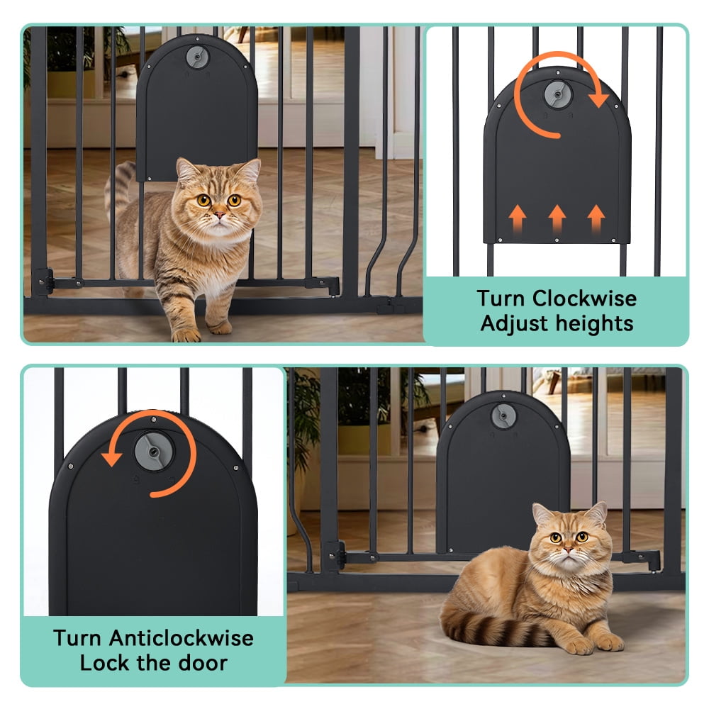 Caveen 29.5-48.4" Wide Pet Safety Gate with Cat Door Pressure Mount, Black