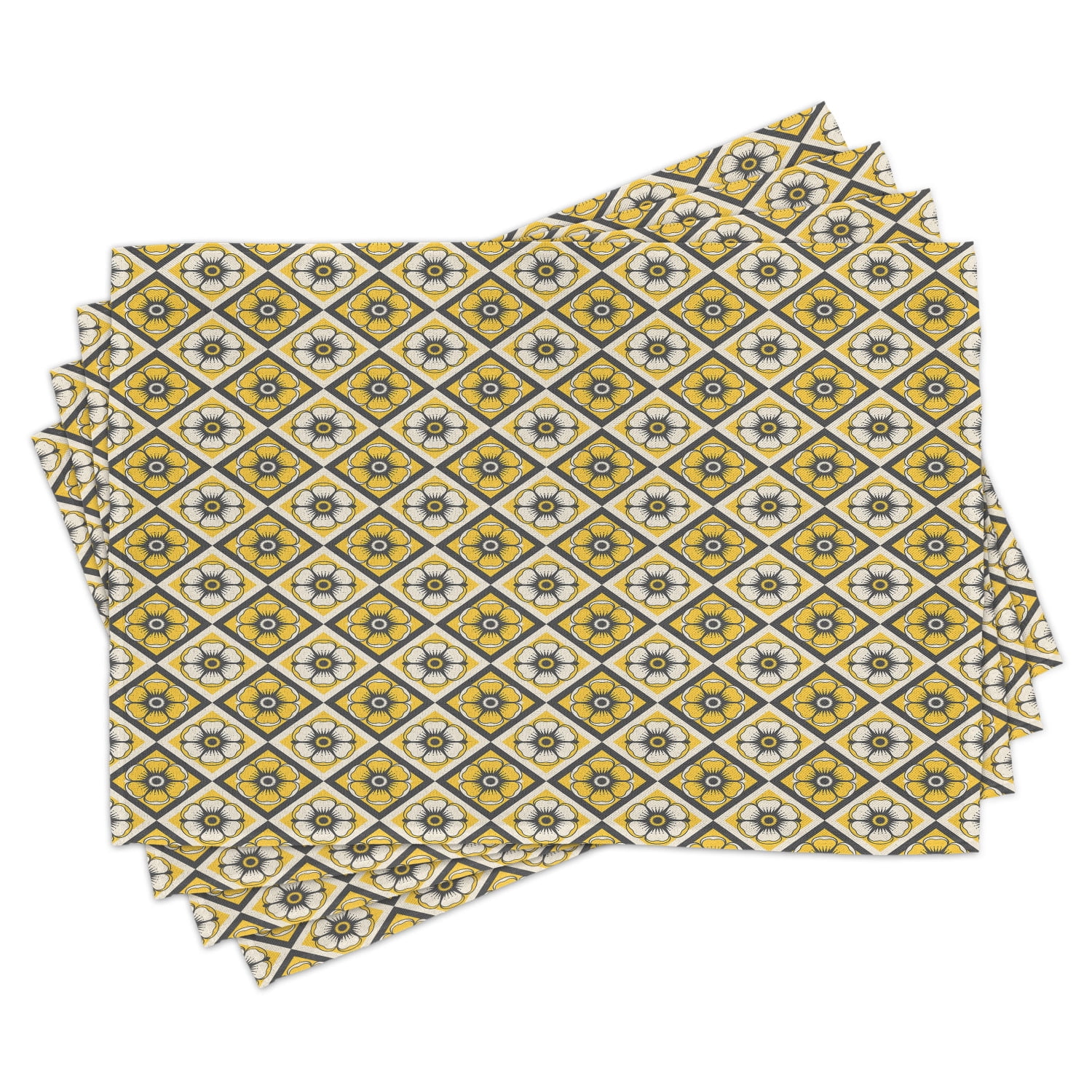 Grey and Yellow Placemats Set of 4 Tile Like Spring Flowers in