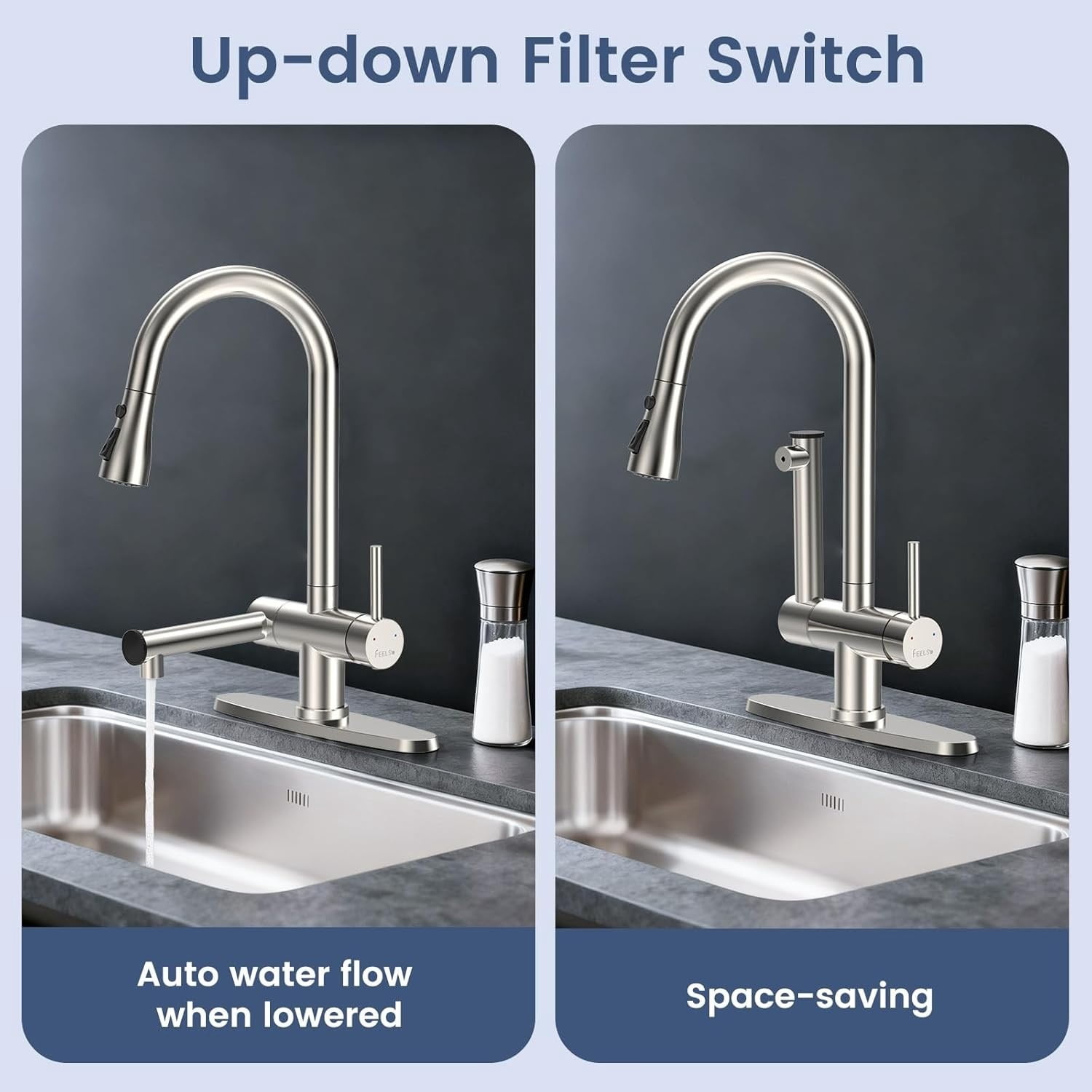 Beteliva Retractable Dual-Outlet Kitchen Faucet with Filter, 3 Spray Modes, Silver Finish