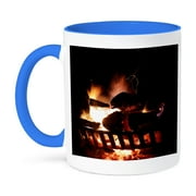 3dRose, Photgraph of a very hot fire in an outdoor fireplace., 15oz Two-Tone Blue Mug