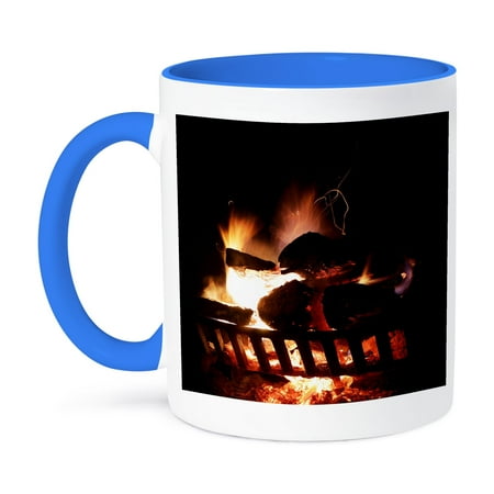 3dRose, Photgraph of a very hot fire in an outdoor fireplace., 11oz Two-Tone Blue Mug