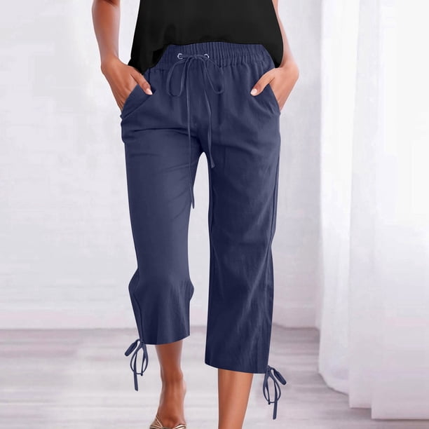 WILLBEST Pantalones Capri Casuales de Lino con Cordón Ajustable para Mujer, de Color Liso, Cómodos para Uso Diario. Extra Grande