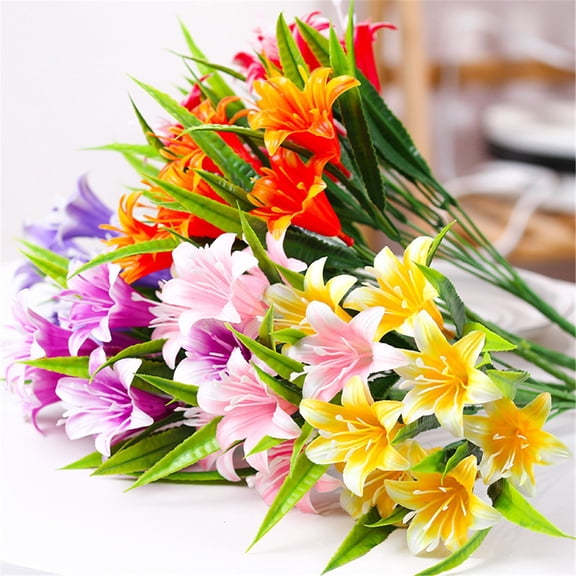 7PCS 49 Heads Artificial Lily Flowers Faux Bouquets Tiger Lilies Flowers for Home Wedding Arrangement Easter Decor 13in