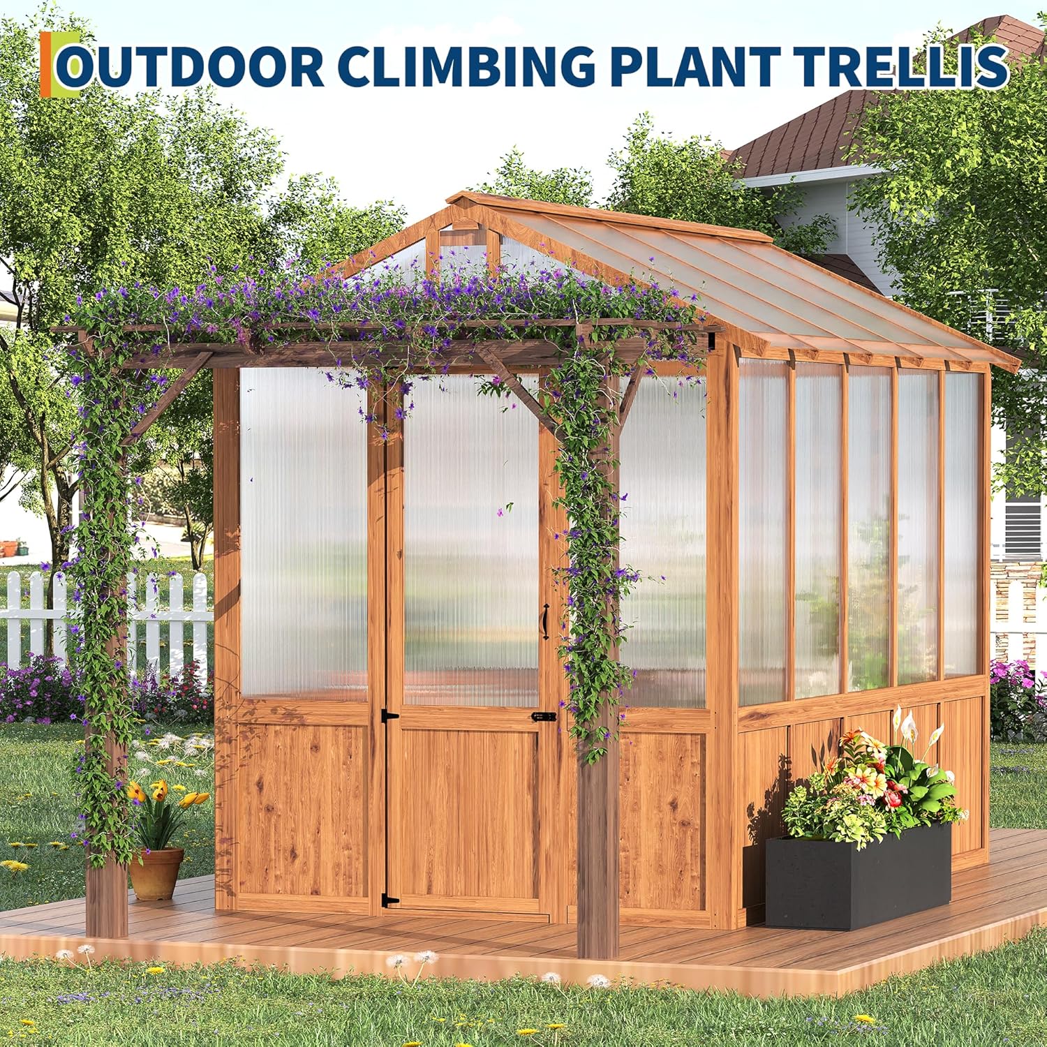 7x13 FT Walk-in Greenhouse with Pergola – Cedar Wood Frame, Clear