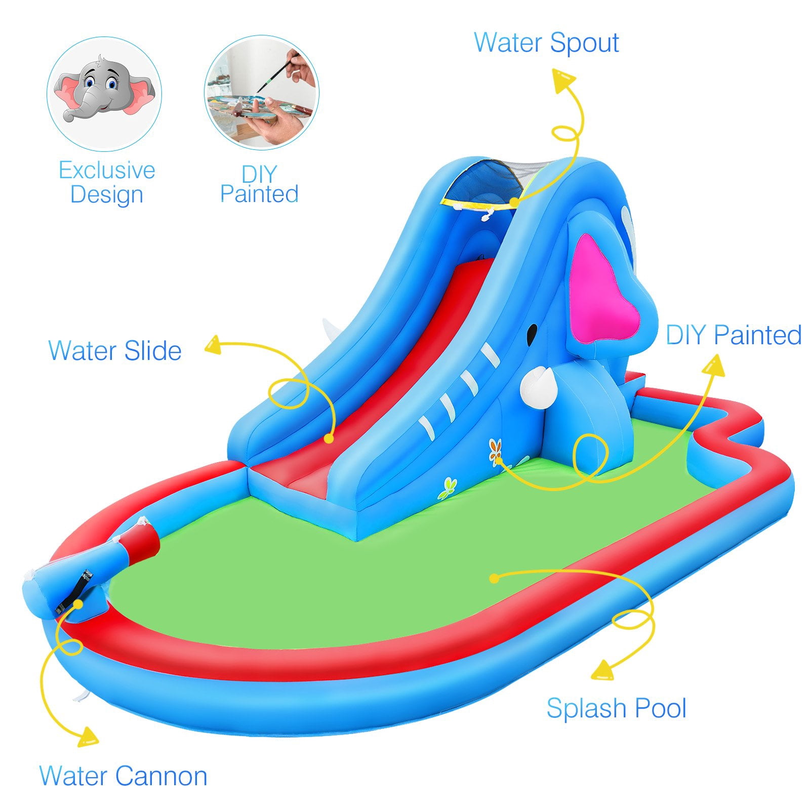Inflatable Water Slide Bounce House Splash Pool, Water Slide Castle Outdoor Backyard Playhouse for Little Kids