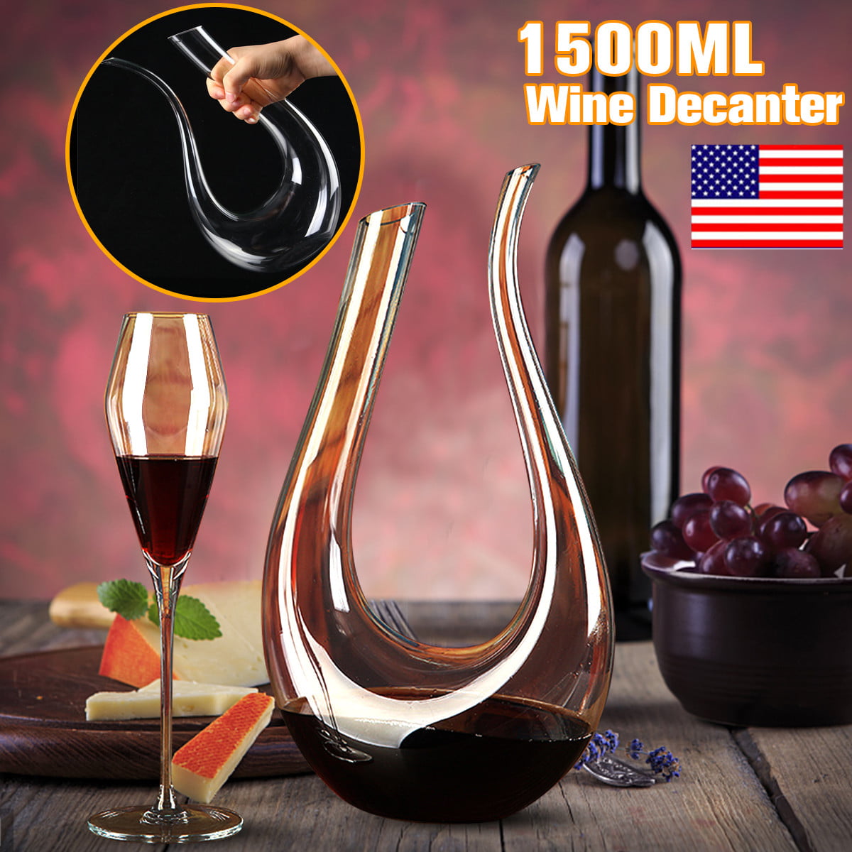1.5L Lead-free U shaped Crystal Glass Horn Wine Decanter Wine Pourer Container ！ 