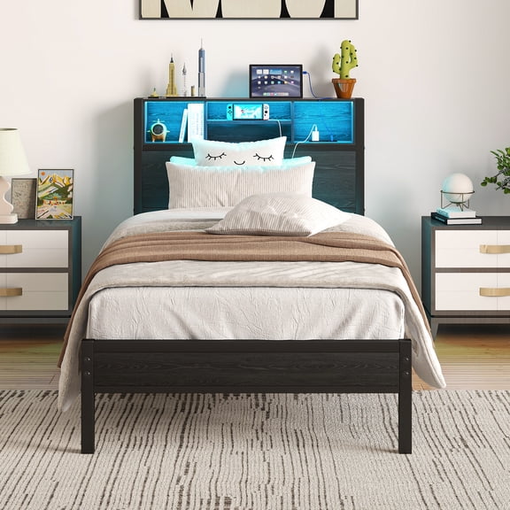 Miniyam Metal Twin Size Bed with Storage Headboard, LED Light, Charging Station for Adult, Black