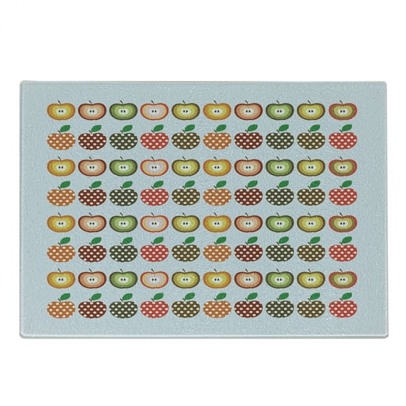 Fruits Cutting Board, Retro Style Pattern Apples with Polka Dot Pattern Colorful Cheerful Happy Healthy, Decorative Tempered Glass Cutting and Serving Board, Small Size, Multicolor, by Ambesonne