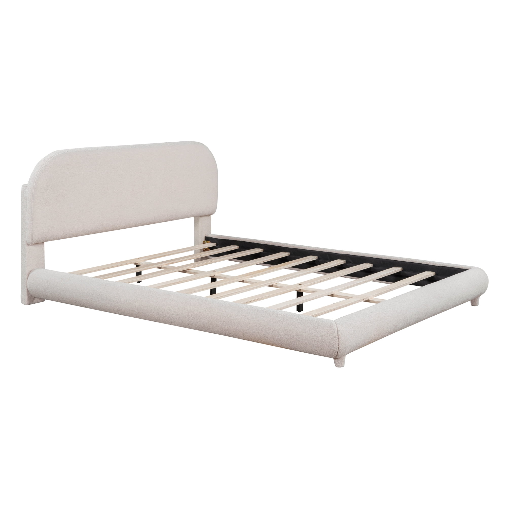 Harper & Bright Designs Teddy Fleece Queen Platform Bed with Thick Fabric, Queen Size Platform Bed Frame with Curve Upholstered Headboard, Beige