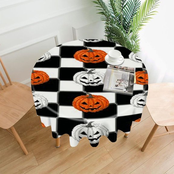 RKSupls 60 Inch Round Tablecloth, Pumpkin Checkerboard Halloween Premium Polyester Straight Edge Wrinkle Resistant Washable Table Cover for Party Home Dining Decor