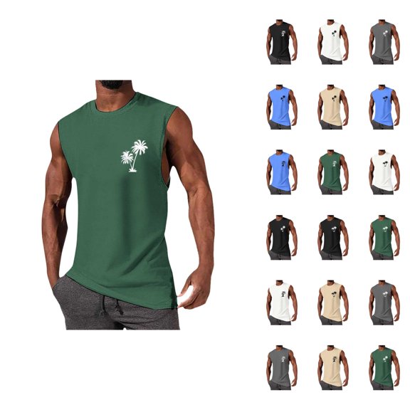 Beach Tank Top Men Lightweight Breathable Coconut Tree Graphic Crewneck Sleeveless Shirt Casual Vacation Outfits