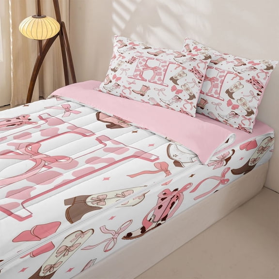 Homewish Cow Print H Letter Zipper Twin Comforter Sets with Fitted Sheet and 2 Pillowcases, Western Bowknot Cowgirl Boot Zipper Bedding Set for Girls, Pink Reversible, 4pcs
