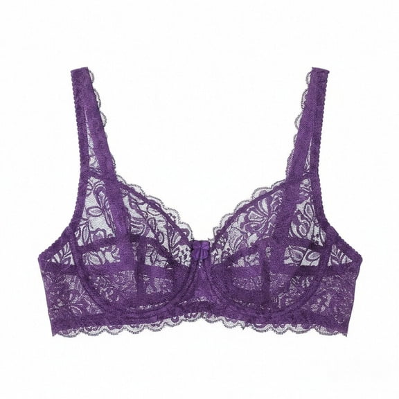 Womens Lace Bra No Underwire Irregular Trim Mesh Breathable Comfortable Push Up Bra Purples S