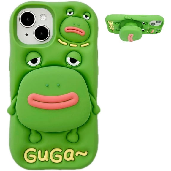 3D Cartoon Case for iPhone 14,Kawaii Phone Case Cute Funny Frog Bracket Case for Women Soft Silicone Shockproof Cover for iPhone 14