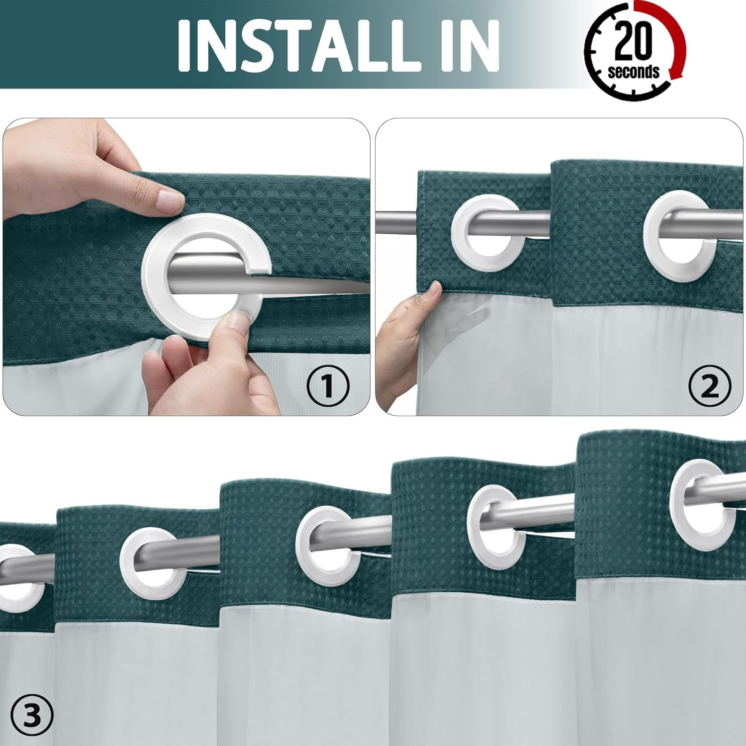 Zrodlmo No Hook Fabric Shower Curtain with Snap-in Liner, Waffle Waterproof and Mildew Resistant Bathroom Curtain, 72"x 74", Seaweed Green