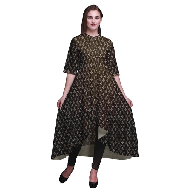 Bimba Robe Anarkali Brune à Imprimé Floral en Blocs pour Femmes, Col Mandarin, Kurtis Indiens, Kurta Asymétrique - Très Petit