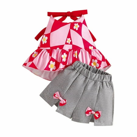 

NIUREDLTD Children s Clothing Summer Girls Set Girl Flower Tie Up Shirt Bow Tie Shorts For Children Aged 1 To 6 Size 110