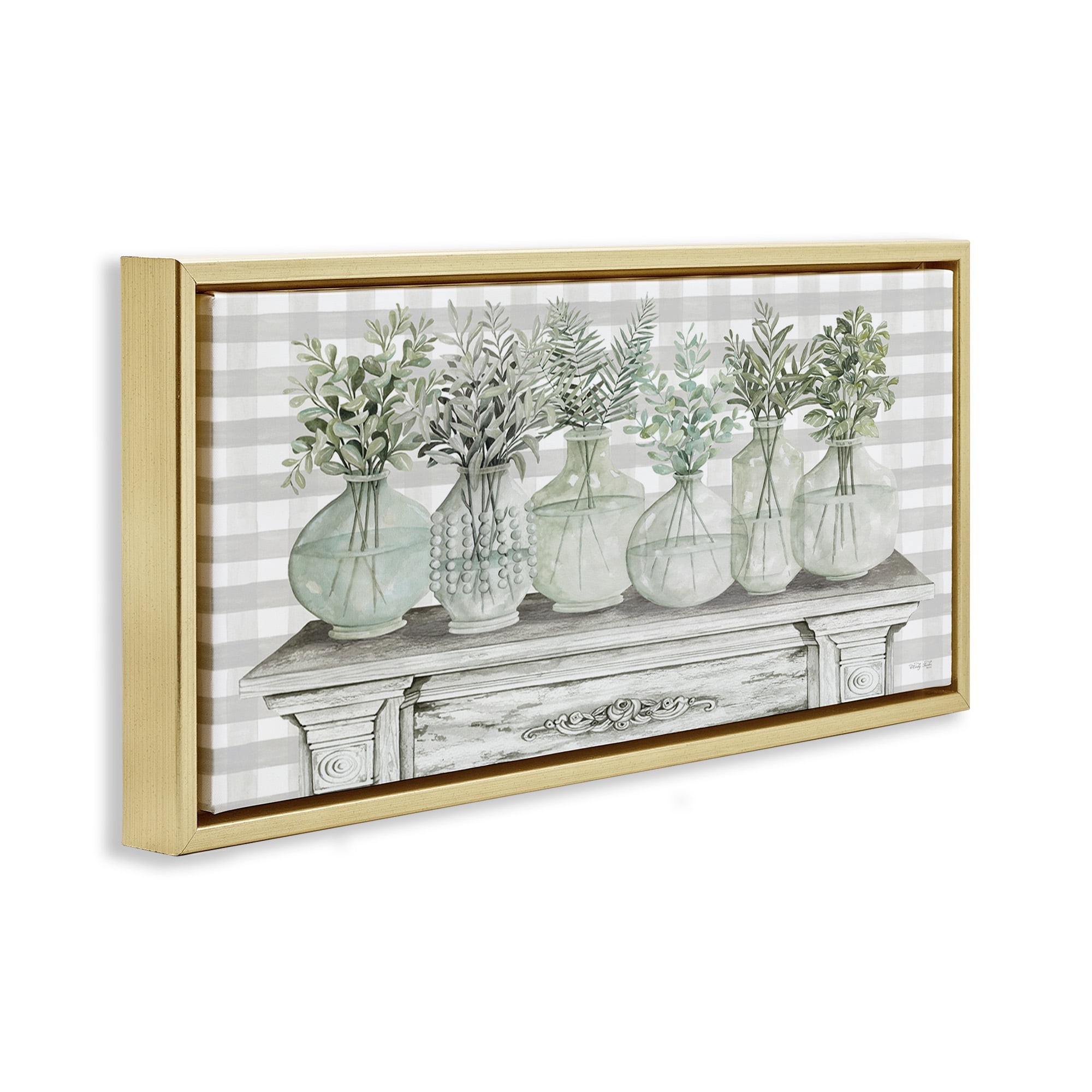 Stupell Industries Country Herb Jars on Gingham Botanical & Floral Painting Gold Floater Framed Canvas Art Print Wall Art, 25 x 11
