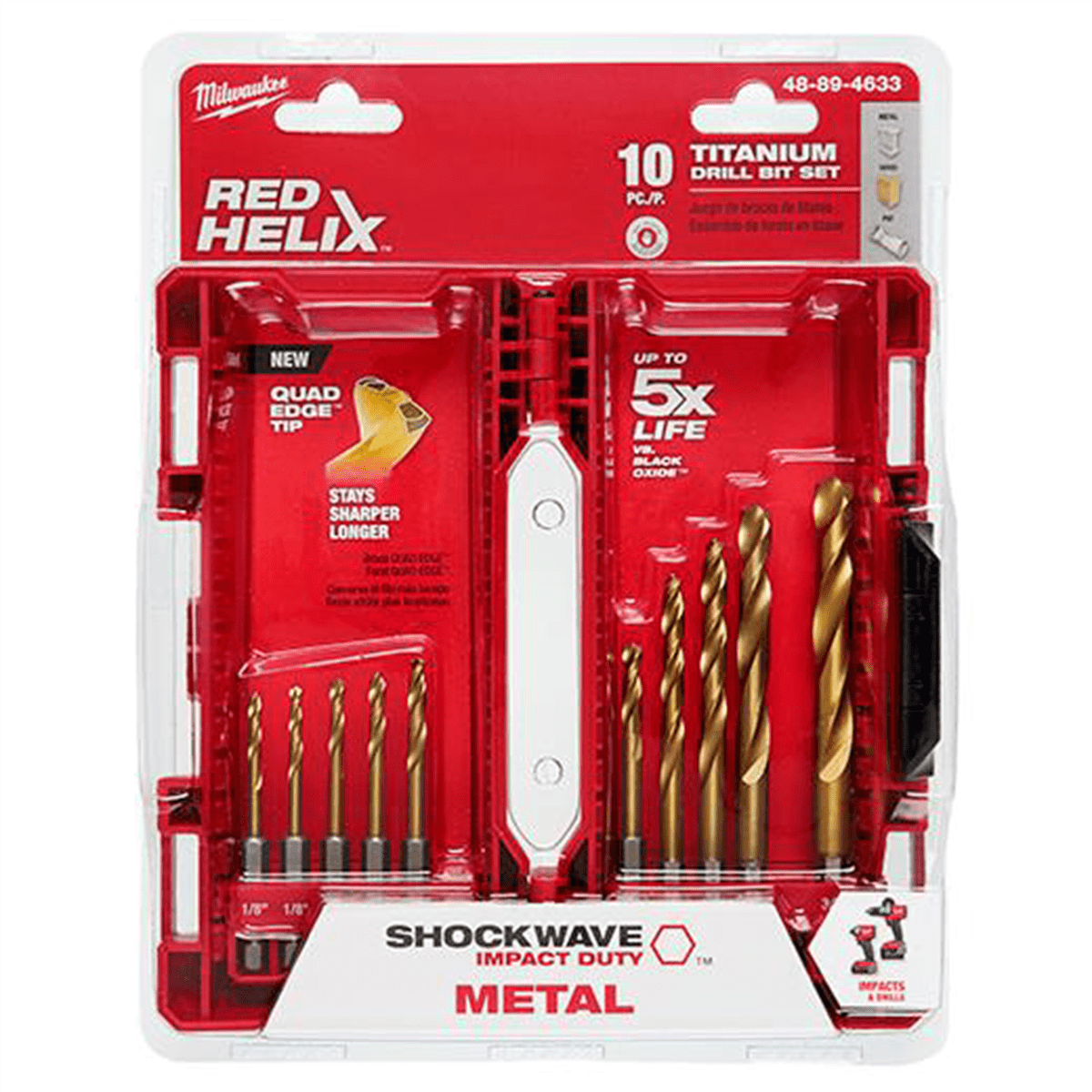 Milwaukee 48-89-4633 - 10-Piece SHOCKWAVE RED HELIX Titanium 1/4" Hex Shank Fractional Drill Bit Set