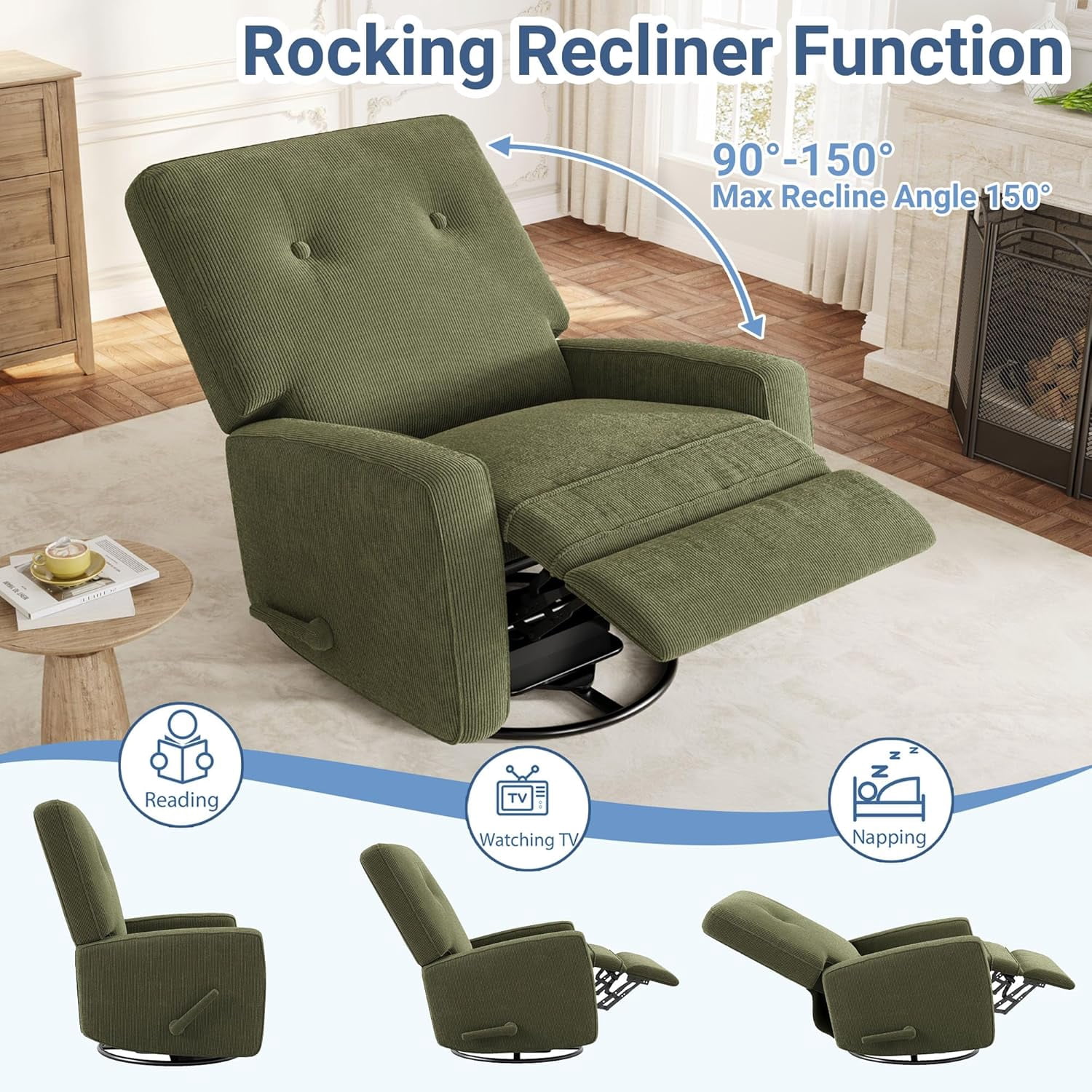 Nursery Recliner Chair, 360° Swivel Rocking Glider Chair for Adults with Adjustable Backrest & Footrest, Cozy Corduroy Upholstered Armchair for Living Rooms, Bedrooms, Apartments, Green