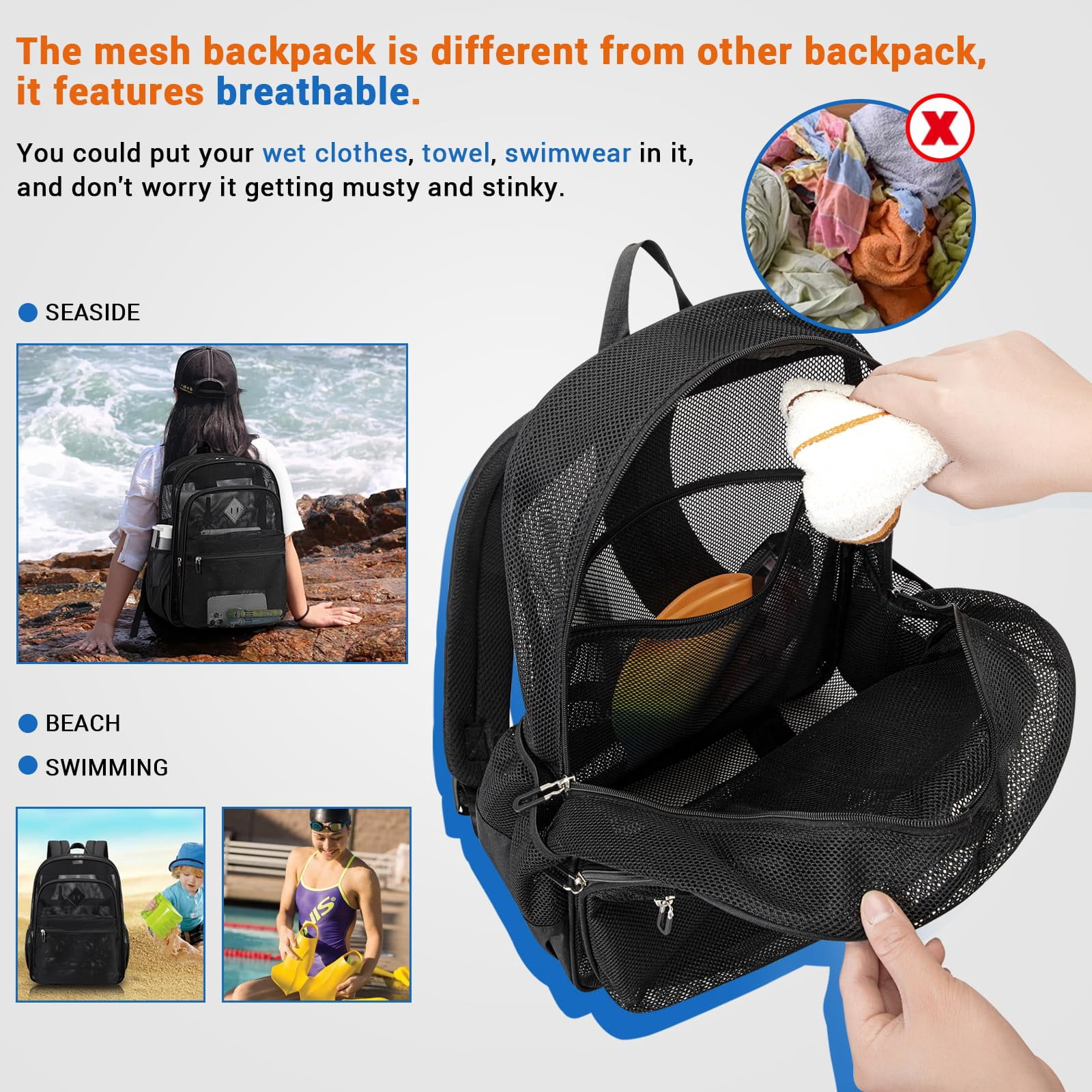 Soda Candy Mesh Backpack Heavy Duty See Through School Backpacks Transparent Bookbag Semi-Transparent Net Book Bags for Swimming, Beach, Sports, Work, Travel, Black